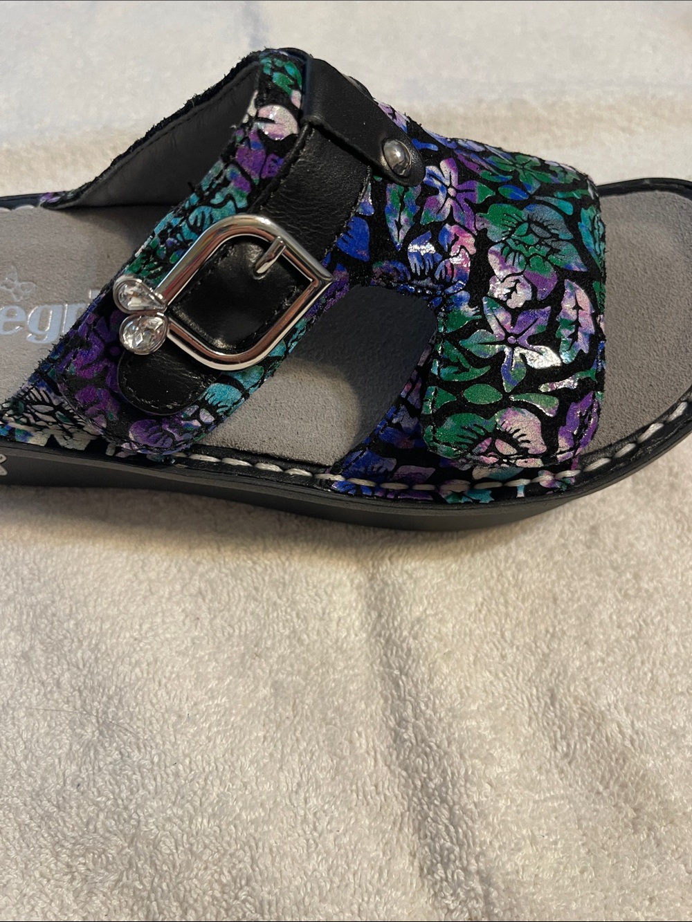 Alegria Peggy Sandal Hibiscus Floral Green Purple Comfy Slide PG Lite Sz 6 EU 36